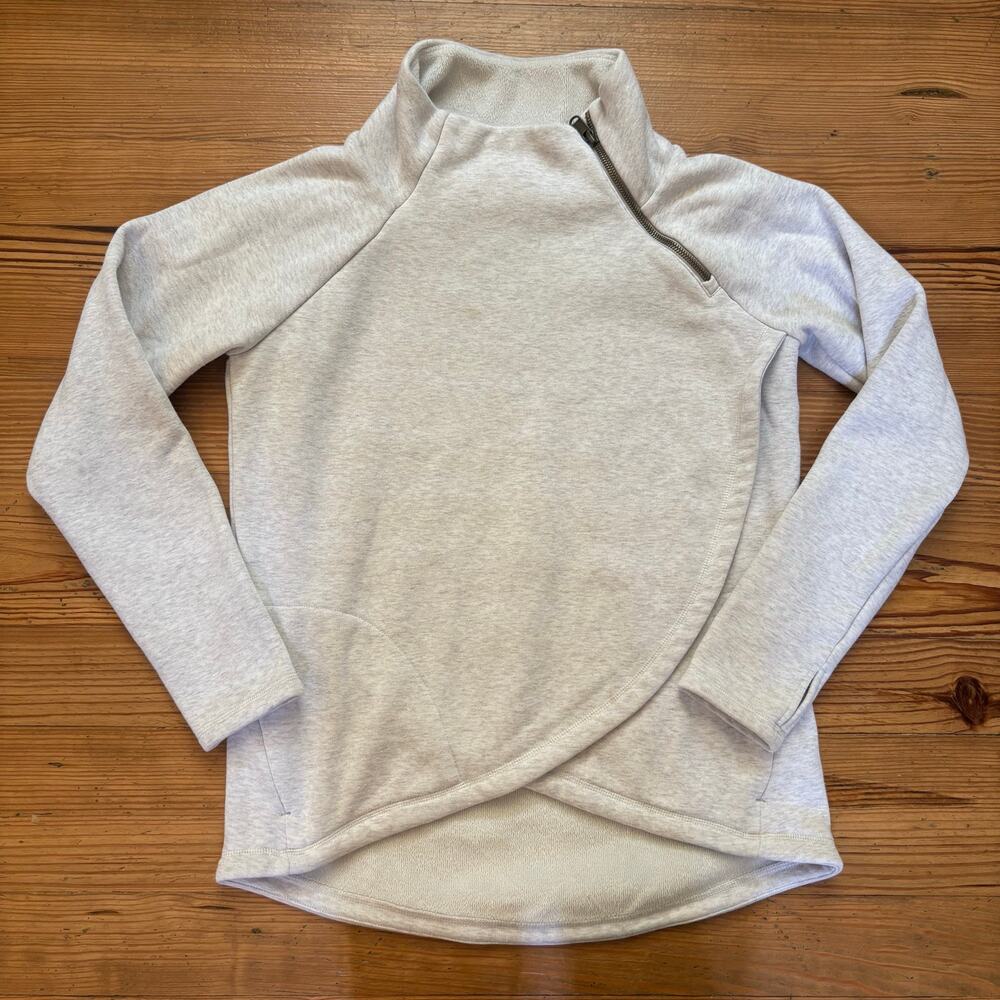 Athleta light‎ gray asymmetrical zipper mock neck crisscross sweater SIZE S